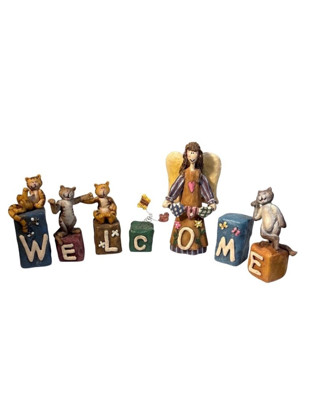 Hand-Painted "Welcome" Figurine Set With Cats & Angel Rustic Folk Art Style Deco